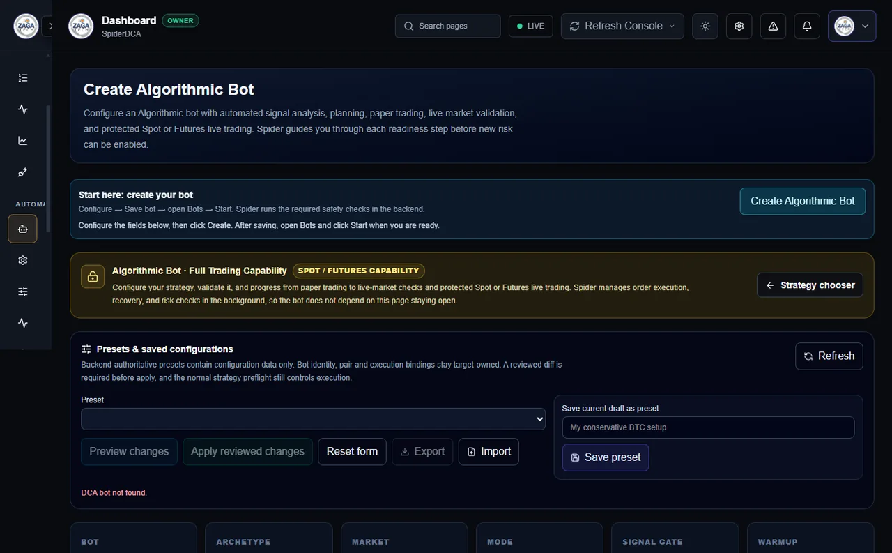 Algorithmic strategy setup interface in the Spider workstation