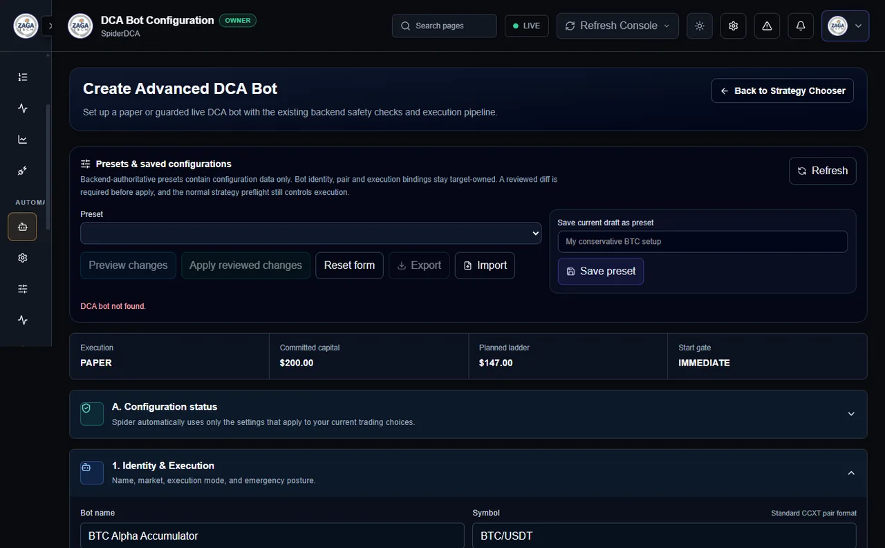 Advanced DCA strategy setup interface in the Spider workstation