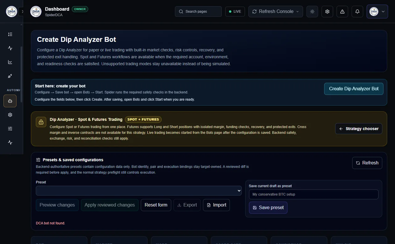 Dip Analyzer strategy setup interface in the Spider workstation