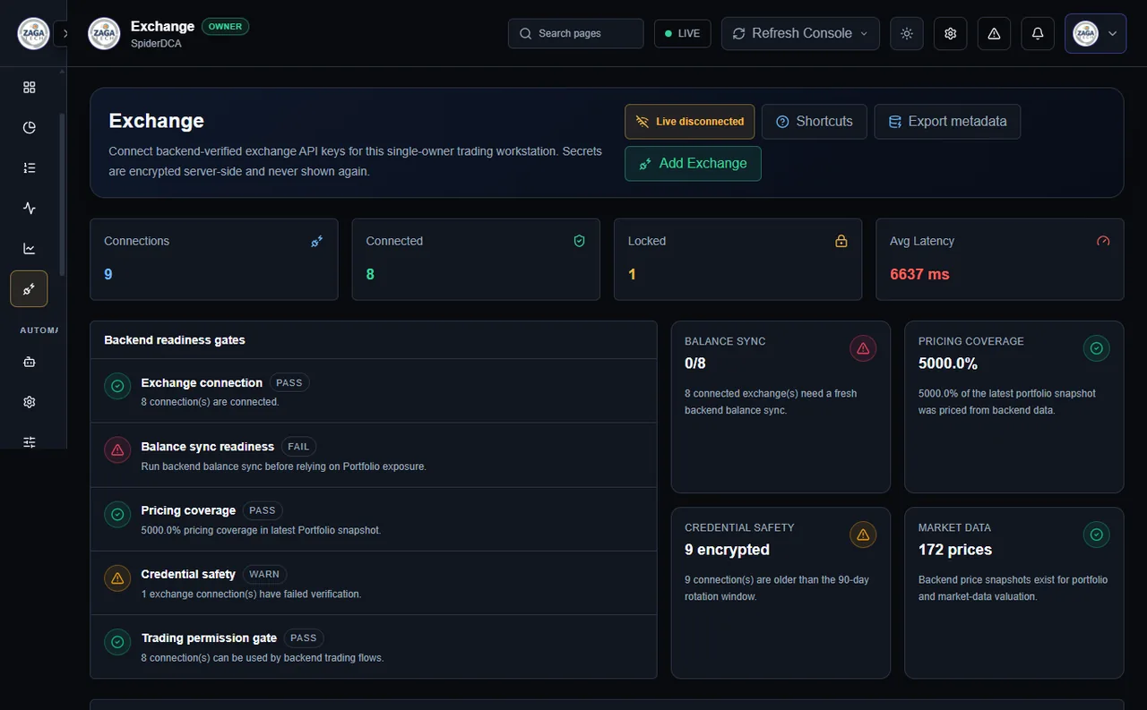 Exchange connections: Review account connection management.