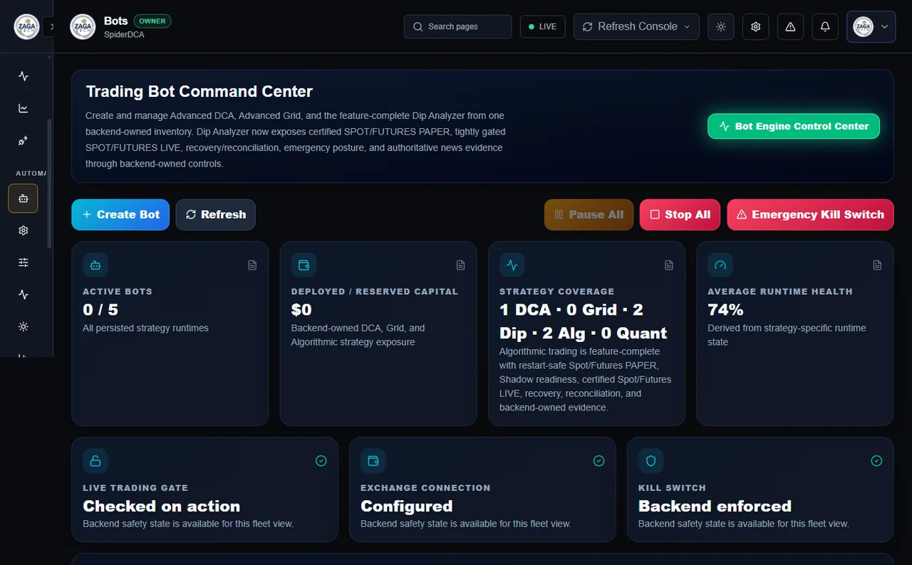 Real strategy chooser showing five available bot creation areas