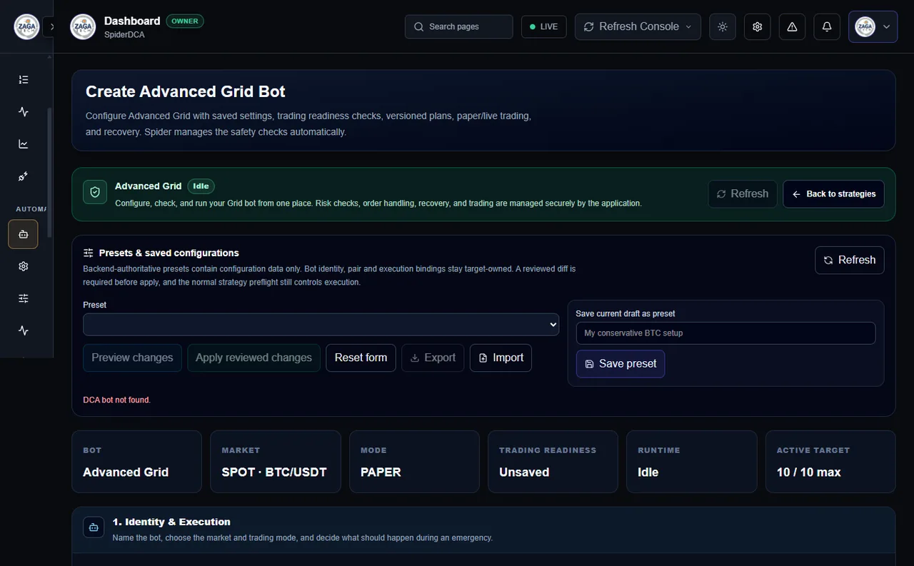 Advanced Grid strategy setup interface in the Spider workstation