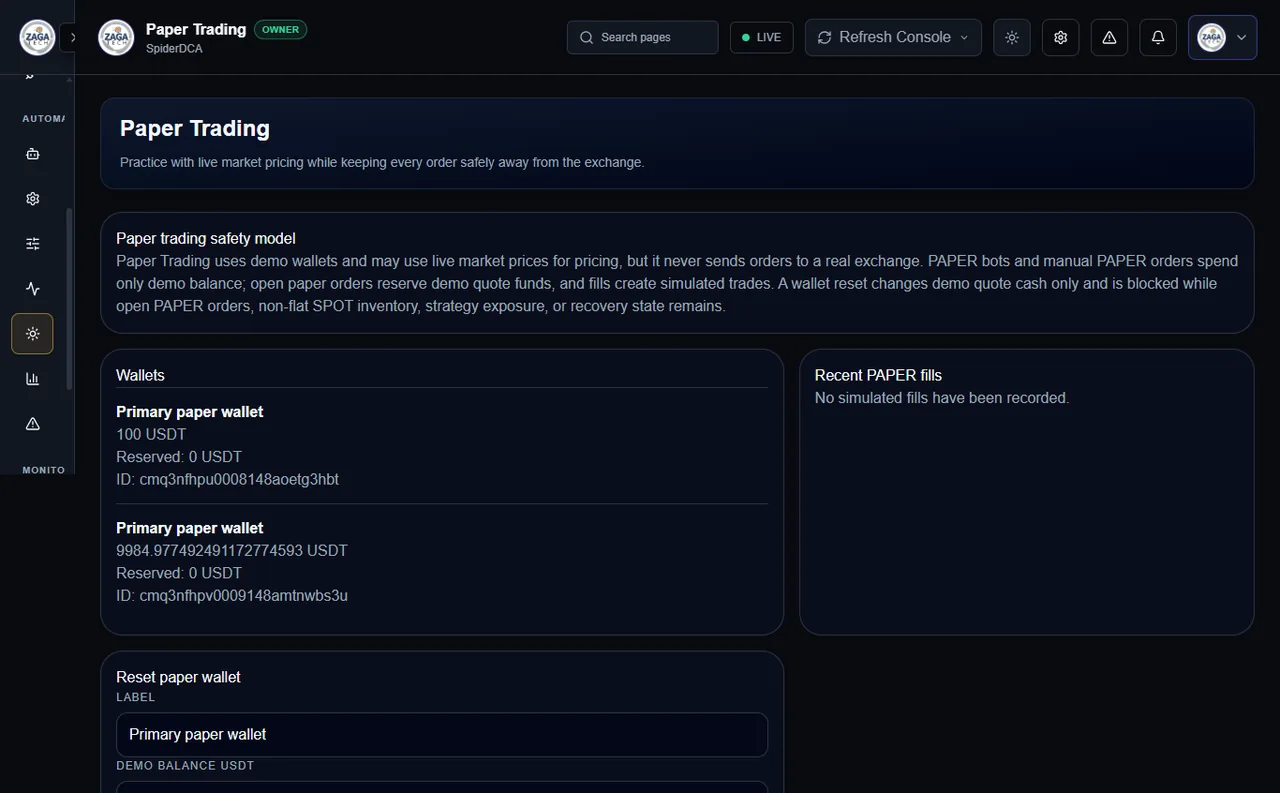 Paper Trading & Backtesting screen in Spider workstation