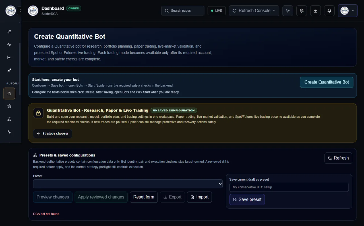 Quantitative strategy setup interface in the Spider workstation